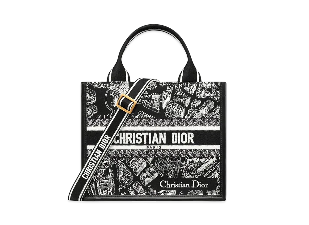 Dior Small Dior Book Tote Plan de Paris Embroidery with Calfskin (26.5 x 22 x 14 cm) "Black/White"