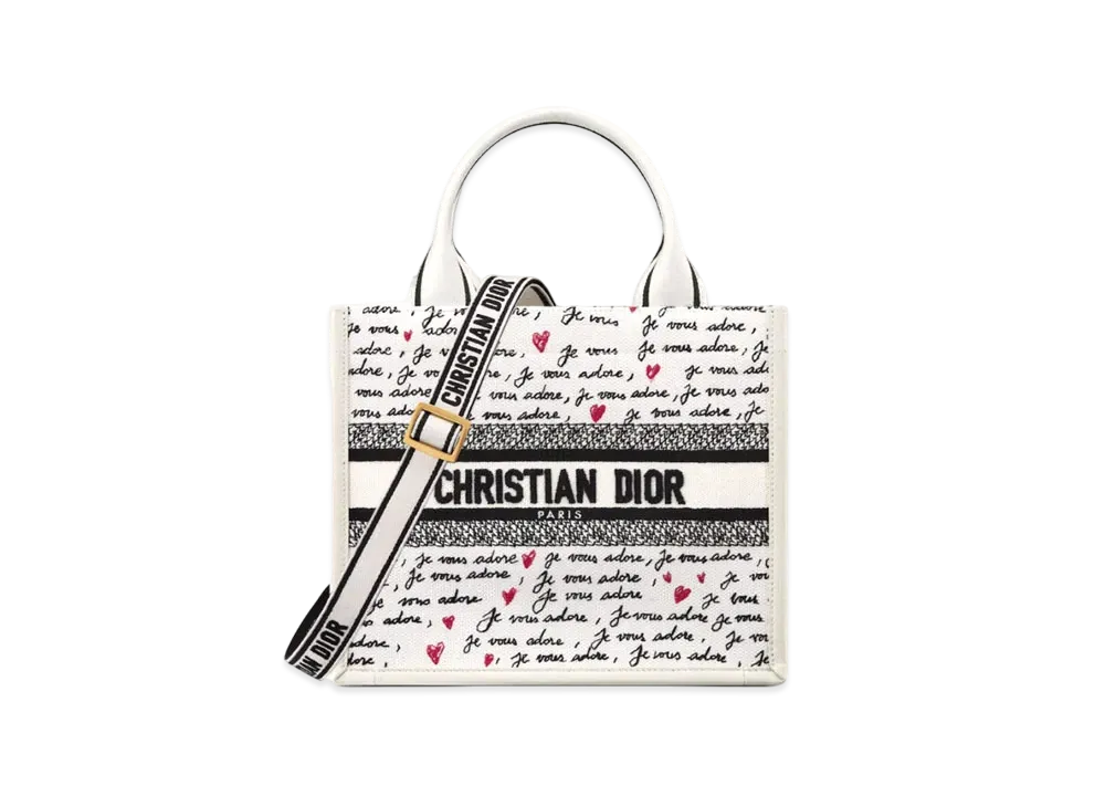Dior Dioramour Small Dior Book Tote Calfskin with Je Vous Adore Embroidery (26.5 x 22 x 14 cm) "White/Black/Red"