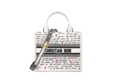 Dior Dioramour Small Dior Book Tote Calfskin with Je Vous Adore Embroidery (26.5 x 22 x 14 cm) "White/Black/Red"
