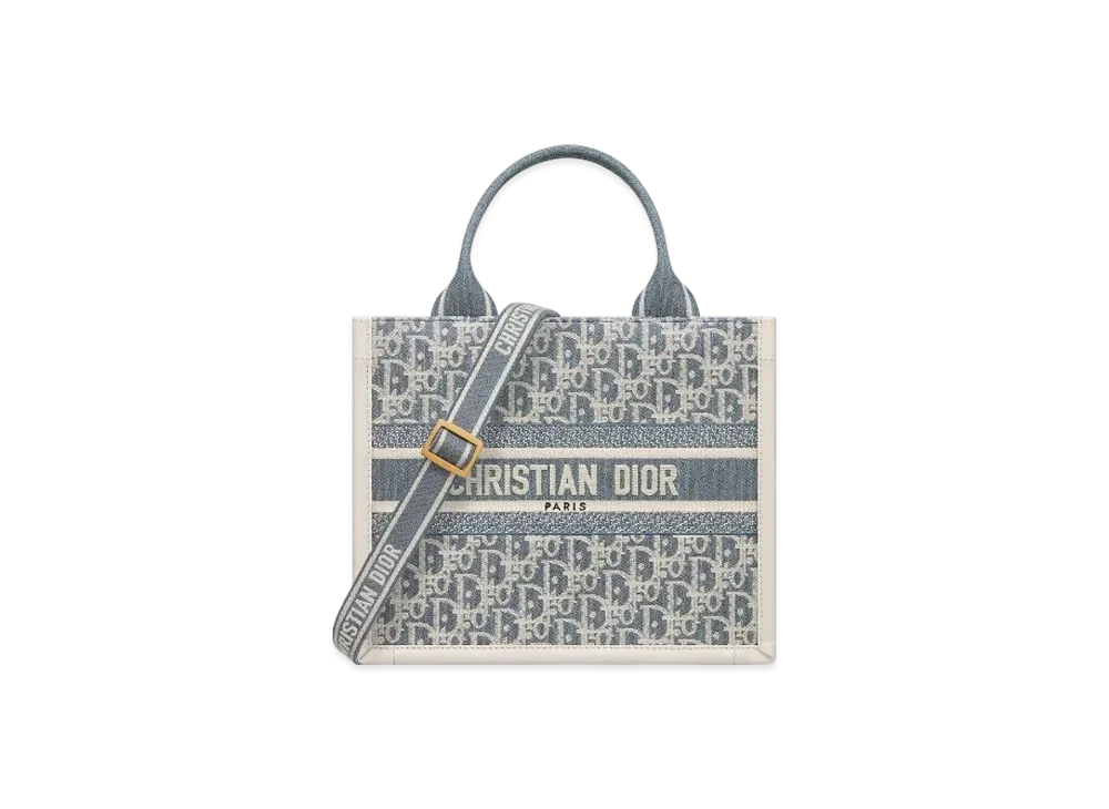 Dior Small Dior Book Tote Dior Oblique Chambray Embroidery and Calfskin "Blue/Latte"