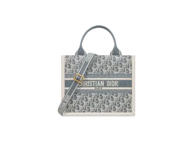 Dior Small Dior Book Tote Dior Oblique Chambray Embroidery and Calfskin "Blue/Latte"