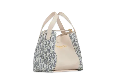 Dior Small Signature Bucket Bag Dior Oblique Chambray with Raffia Effect and Smooth Calfskin "Blue/Light Biscuit"