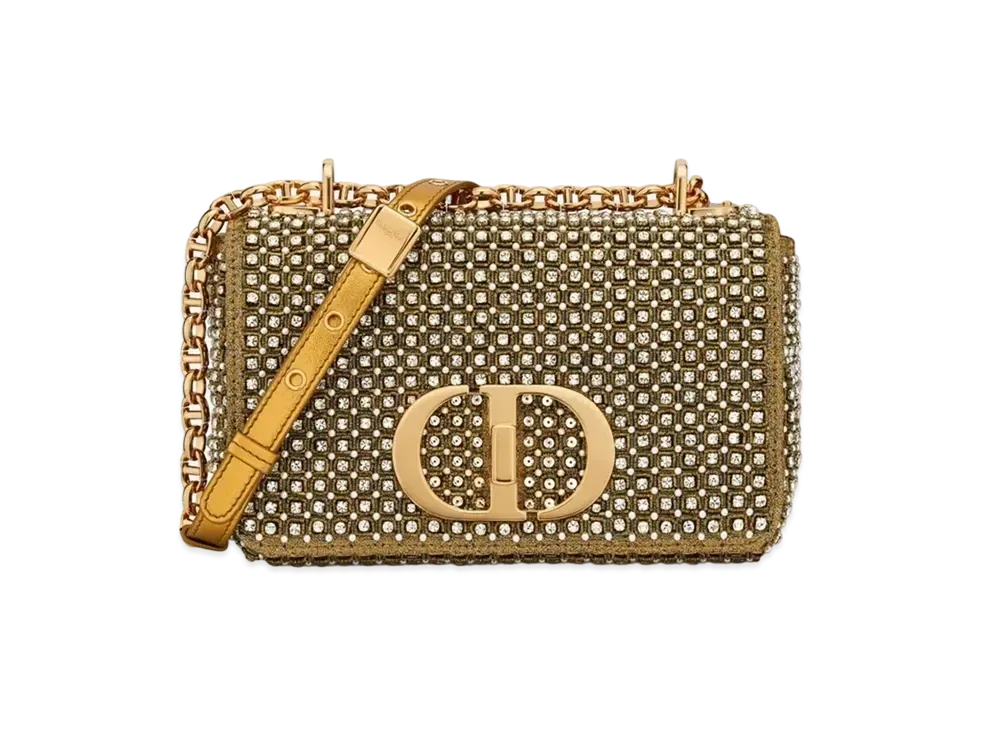 Dior Small Caro Bag Square Pattern Embroidery Set Round Beads Strass "Gold/White"