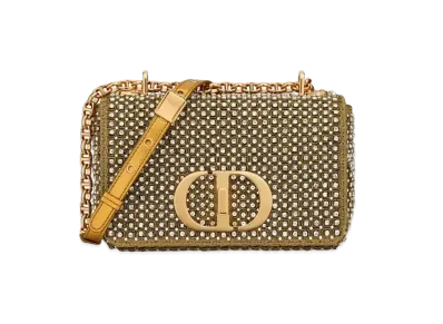 Dior Small Caro Bag Square Pattern Embroidery Set Round Beads Strass "Gold/White"