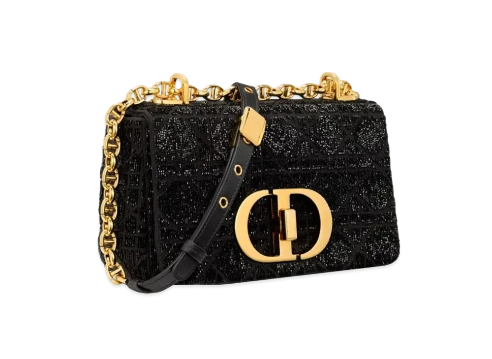 Dior Small Caro Bag Cannage Cotton Micropearl Embroidery "Black"