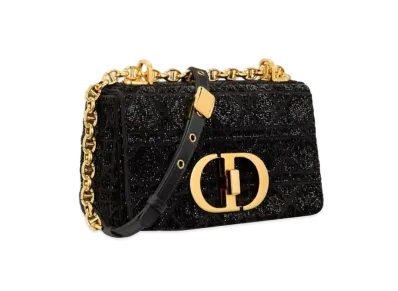 Dior Small Caro Bag Cannage Cotton Micropearl Embroidery "Black"