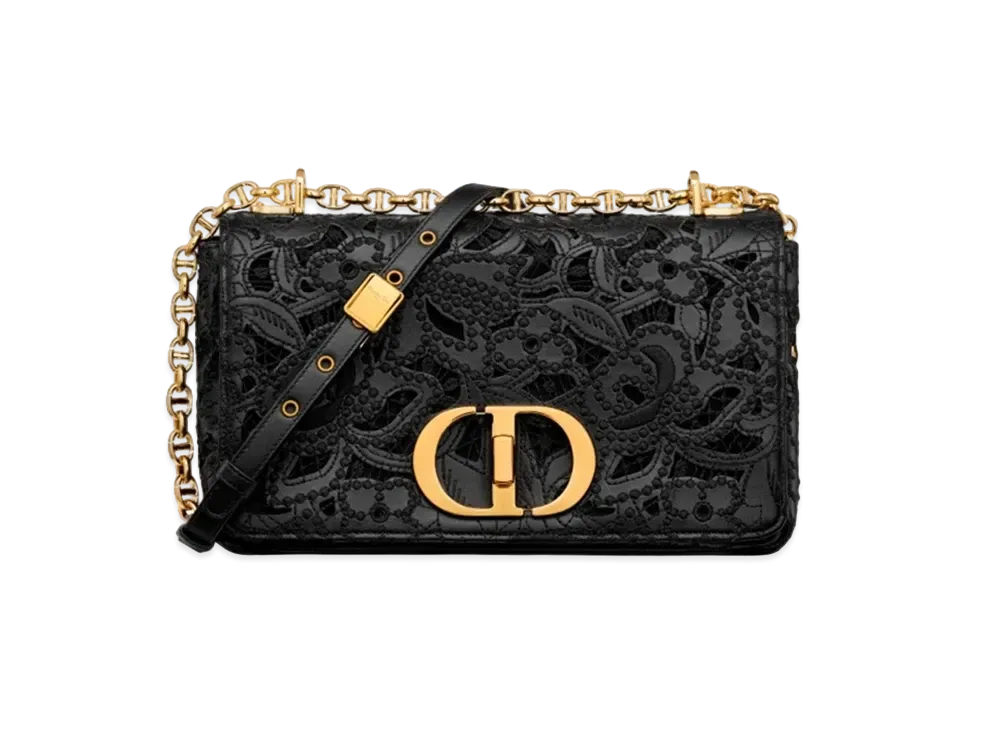 Dior Medium Caro Bag Calfskin D-Lace Embroidery Macrame Effect "Black"