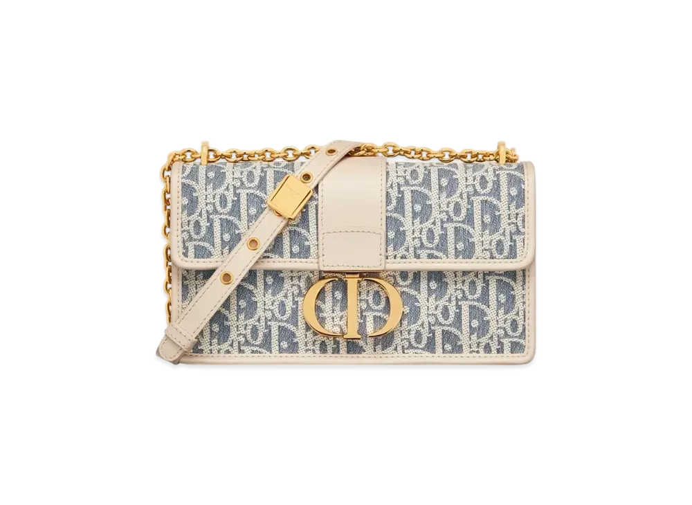 Dior 30 Montaigne East-West Bag with Chain Dior Oblique Chambray with Raffia Effect and Smooth Calfskin "Blue/Light Biscuit"