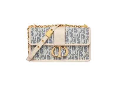 Dior 30 Montaigne East-West Bag with Chain Dior Oblique Chambray with Raffia Effect and Smooth Calfskin "Blue/Light Biscuit"