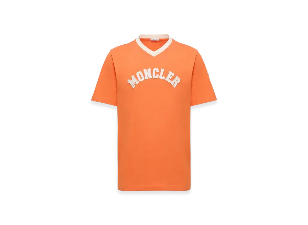 MONCLER Embroidered Logo Cotton Piquet V-Neck T-Shirt "Orange"