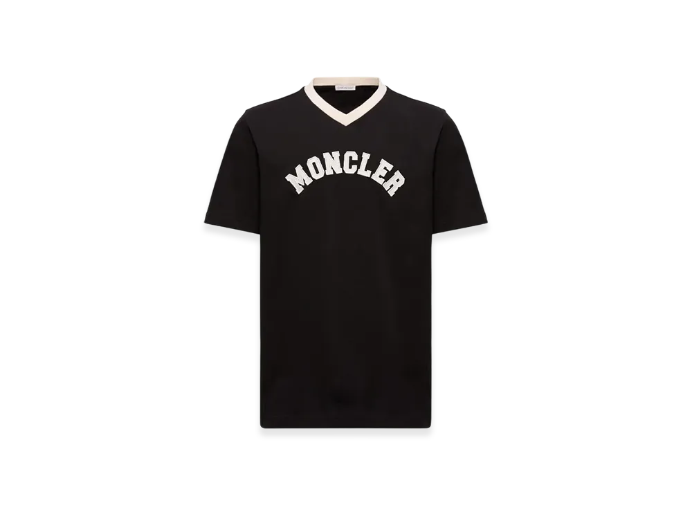 MONCLER Embroidered Logo Cotton Piquet V-Neck T-Shirt "Black"