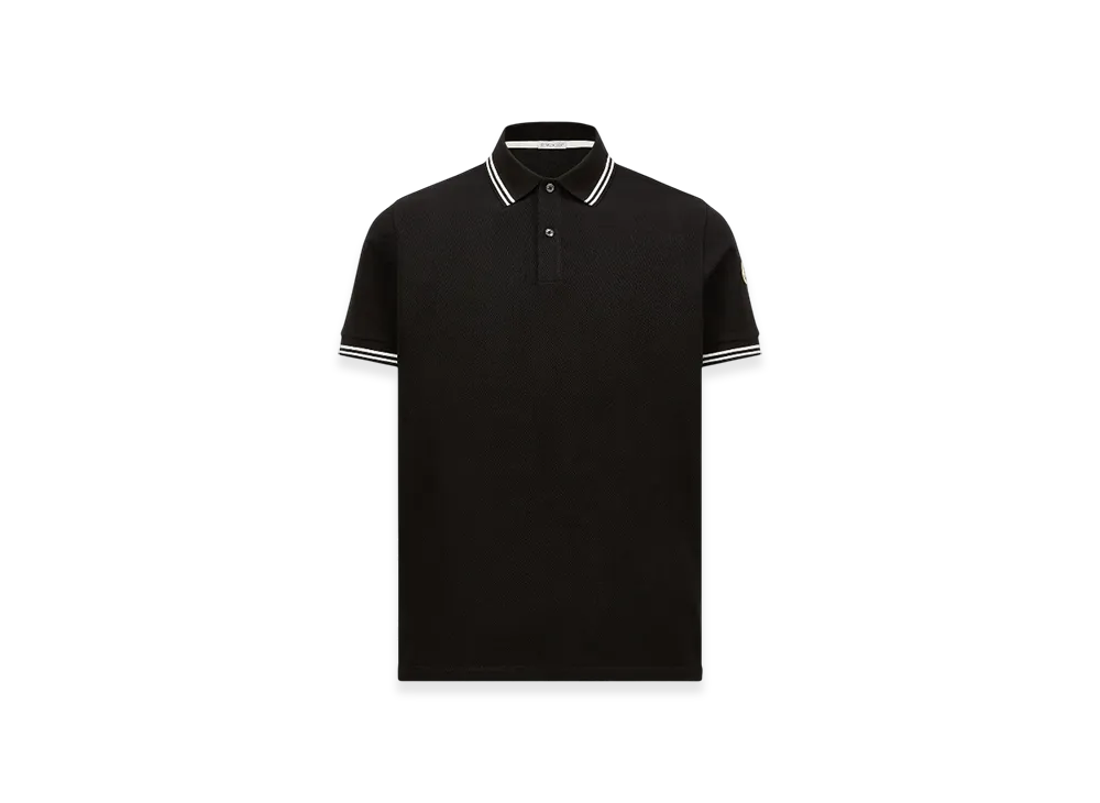 MONCLER Striped Trim Cotton Piquet Polo Shirt "Black"