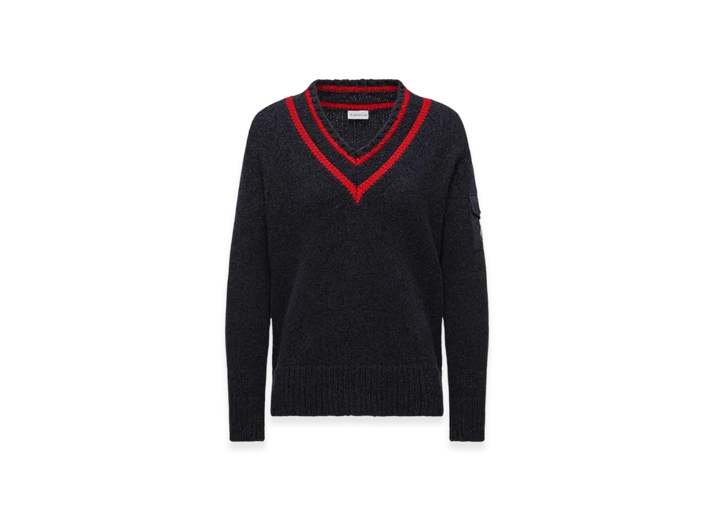 MONCLER Padded V-Neck Cotton & Wool Blend Jumper "Navy Blue"