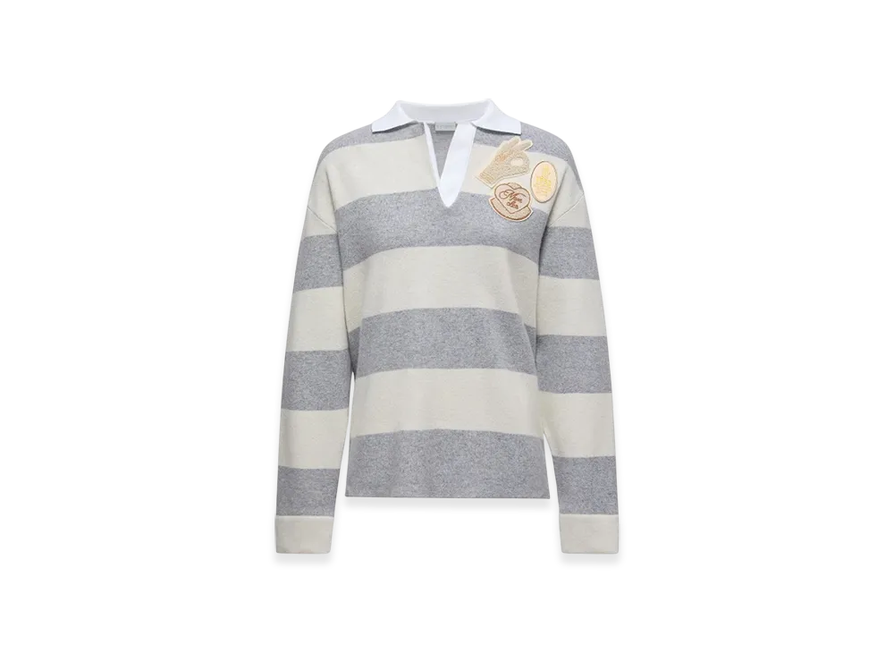 MONCLER Striped Long Sleeve Wool Polo Shirt "Grey White"
