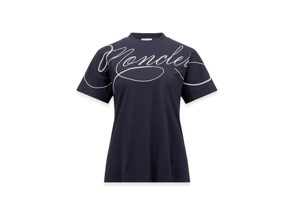 MONCLER Embroidered Cursive Logo Cotton T-Shirt "Navy Blue"