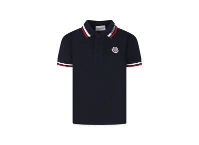 MONCLER Kids Tricolour Trimmed Cotton Pique Polo Shirt "Dark Blue"