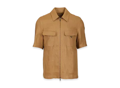 MONCLER Short-Sleeved Zip-Up Shirt In Linen Twill "Brown"