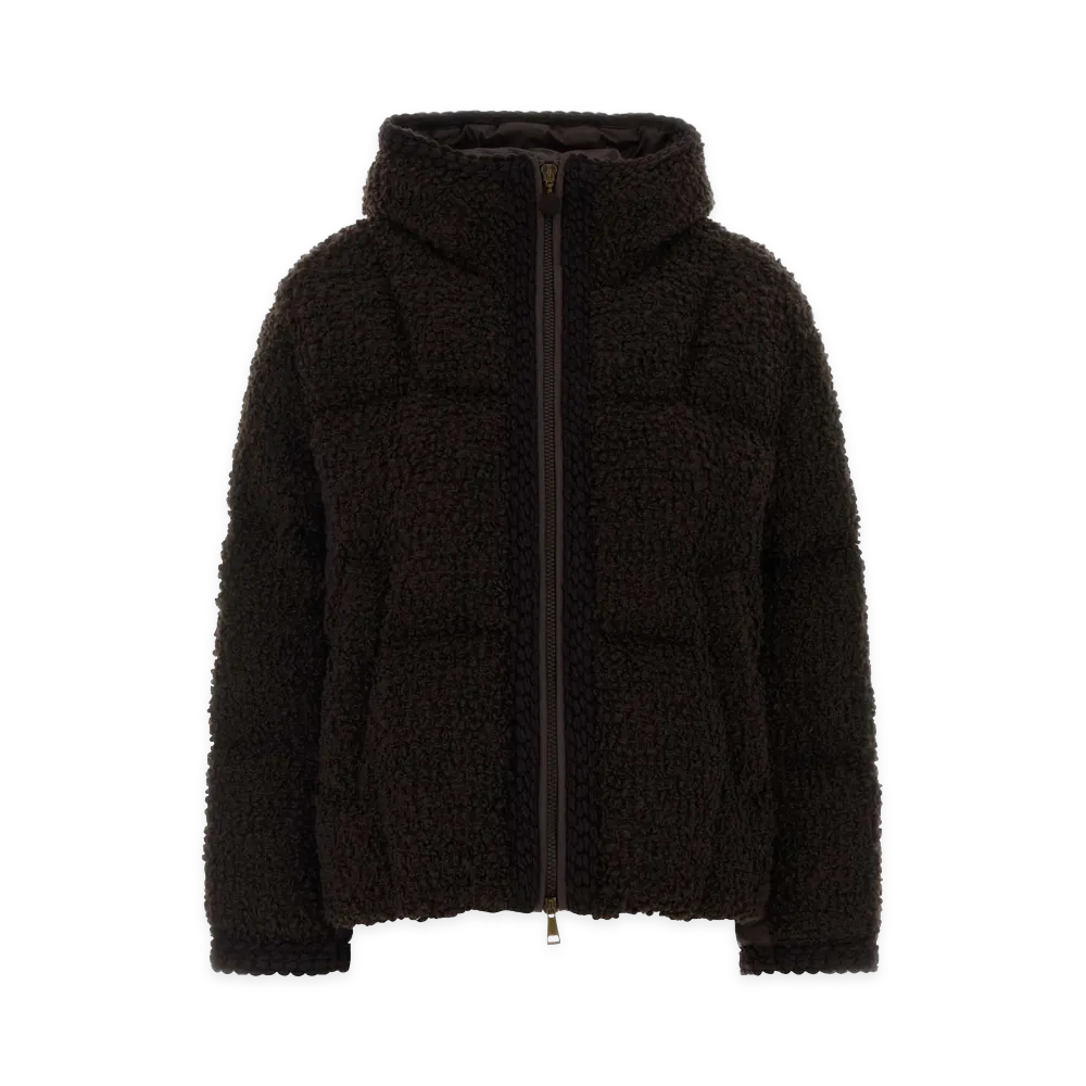 MONCLER Women's Boucle And Polyester Cristallin Down Jacket "Dark Brown"