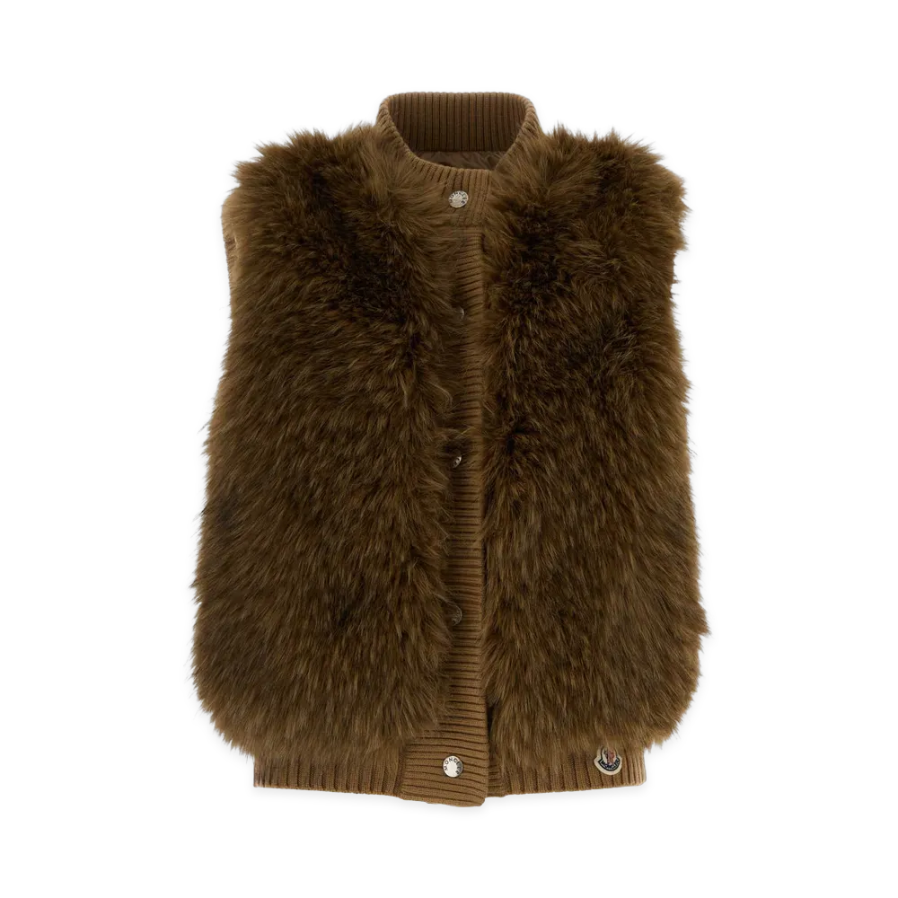 MONCLER Women's Eco Fur And Nylon Sleeveless Down Jacket "Beige/Brown"