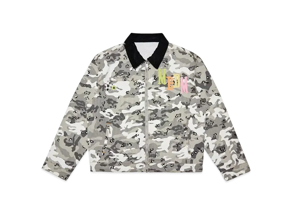 MR. ENJOY DA MONEY Camouflage Sticker Leather Embroidered Jacket "Grey"