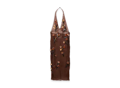 MIU MIU Women's Chiffon Dress with Floral Embroidery "Cocoa Brown"