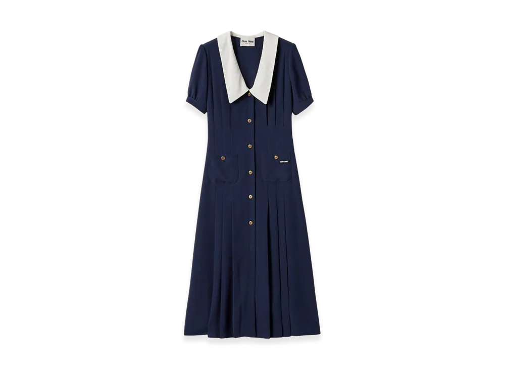 MIU MIU Women's Pleated Marocain Midi Dress "Navy"