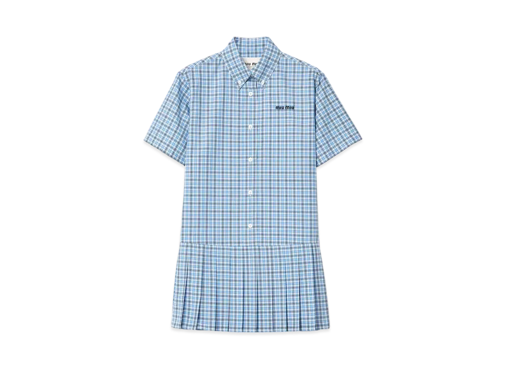 MIUMIU Women's Pleated Checked Poplin Dress "Light Blue/Navy"