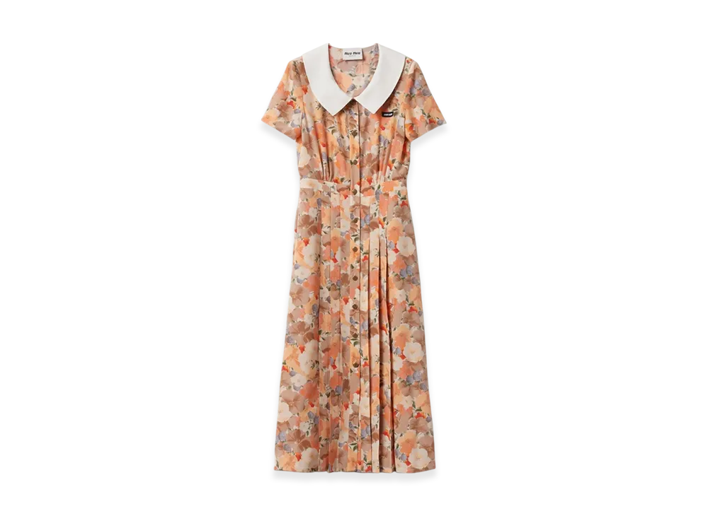 MIU MIU Women's Floral Print Pleated Marocain Dress "Peach"