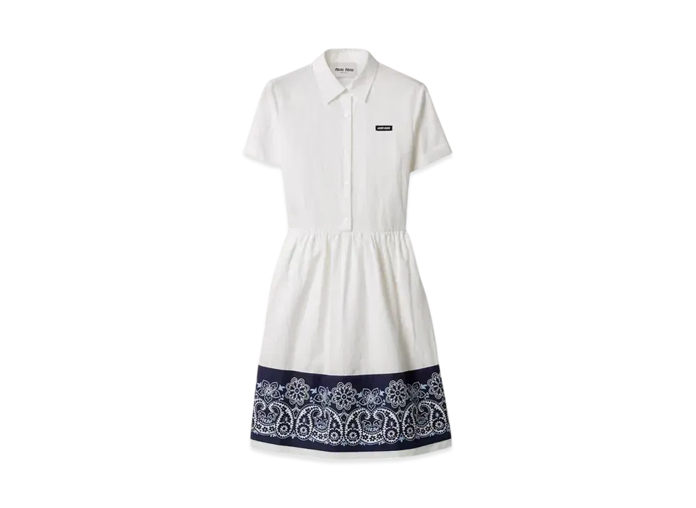 MIUMIU Women's Slubbed Poplin Dress With Print "White/Navy"