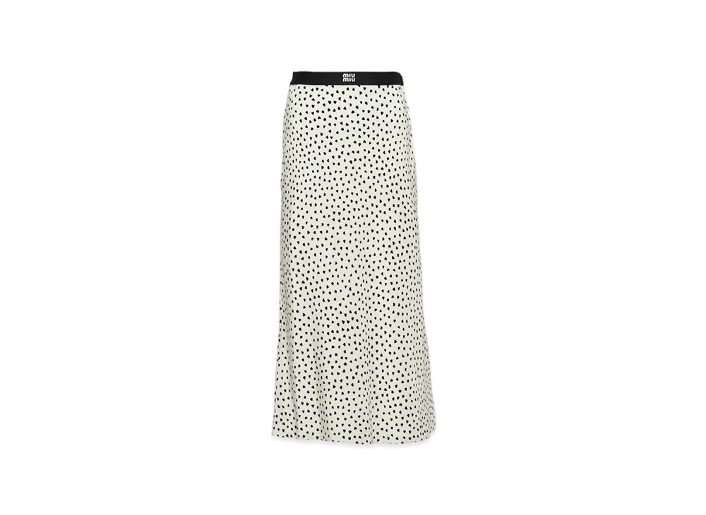 MIU MIU Women's Heart-Print Crepe De Chine Midi Skirt "Ivory/Black"