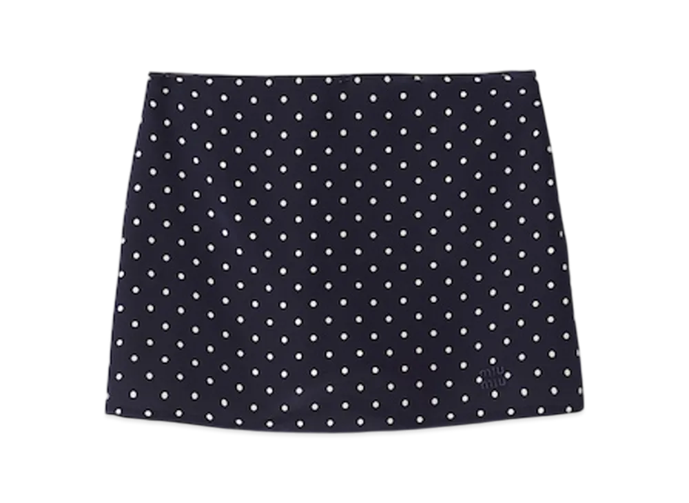 MIU MIU Women's Polka Dot Crepe De Chine Miniskirt "Blue/Ivory"