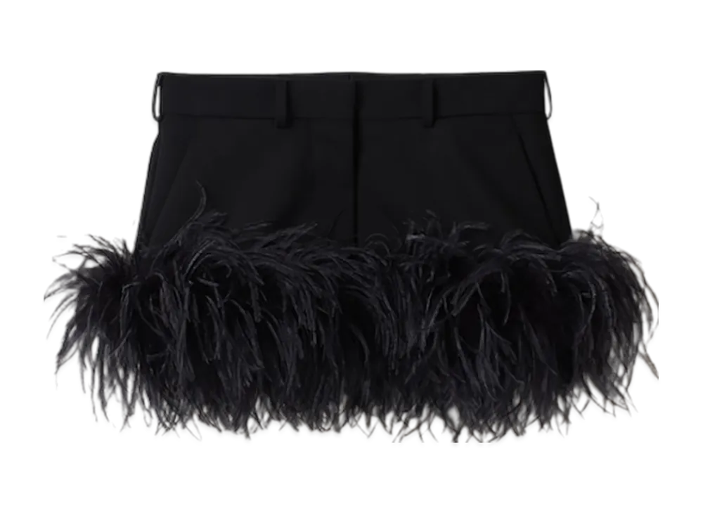 MIU MIU Women's Feather Trimmed Grain De Poudre Miniskirt "Black"