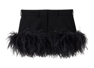 MIU MIU Women's Feather Trimmed Grain De Poudre Miniskirt "Black"