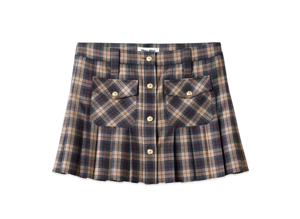 MIUMIU Pleated Tartan Miniskirt "Beige"