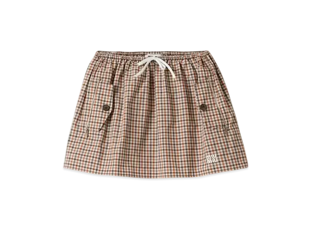 MIUMIU Women's Gingham Check Technical Fabric Skirt "White/Orange"