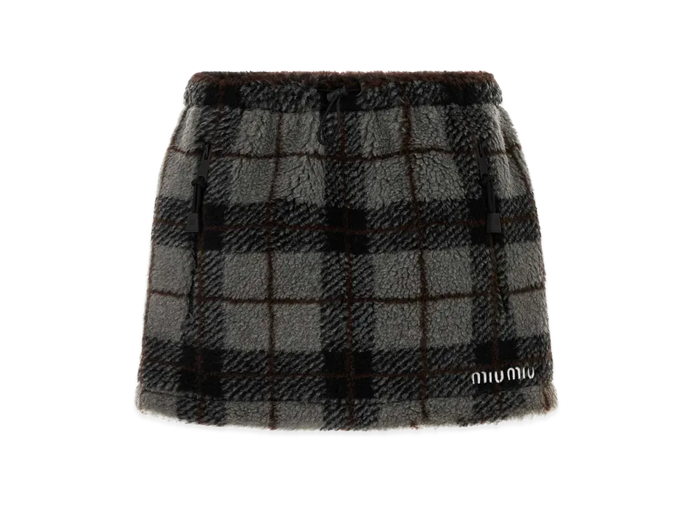 MIU MIU Women's Embroidered Teddy Fabric Mini Skirt "Checked"