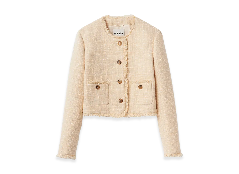 MIU MIU Single-Breasted Tweed Jacket Embroidered Logo "Vanilla"