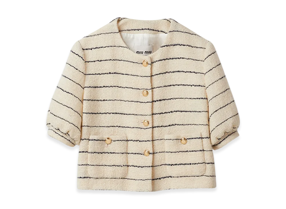 MIU MIU Women's Single Breasted Boucle Jacket "Ivory/Blue"