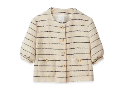 MIU MIU Women's Single Breasted Boucle Jacket "Ivory/Blue"