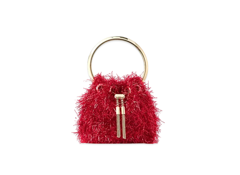 ジミーチュウ ミクロ ボンボン ティンセル・ミニバッグ "ルビーレッド/ライトゴールド" MICROBONBONTZT