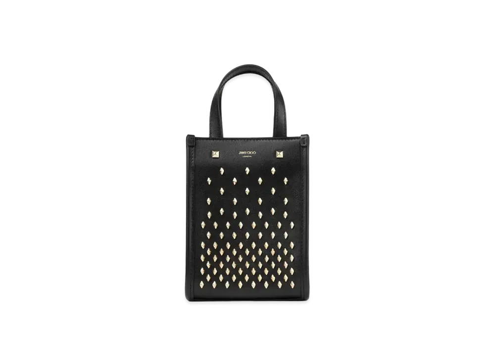 Jimmy Choo Mini N/S Tote Smooth Calf Leather Tote Bag With Diamond Studs "Black/Light Gold"