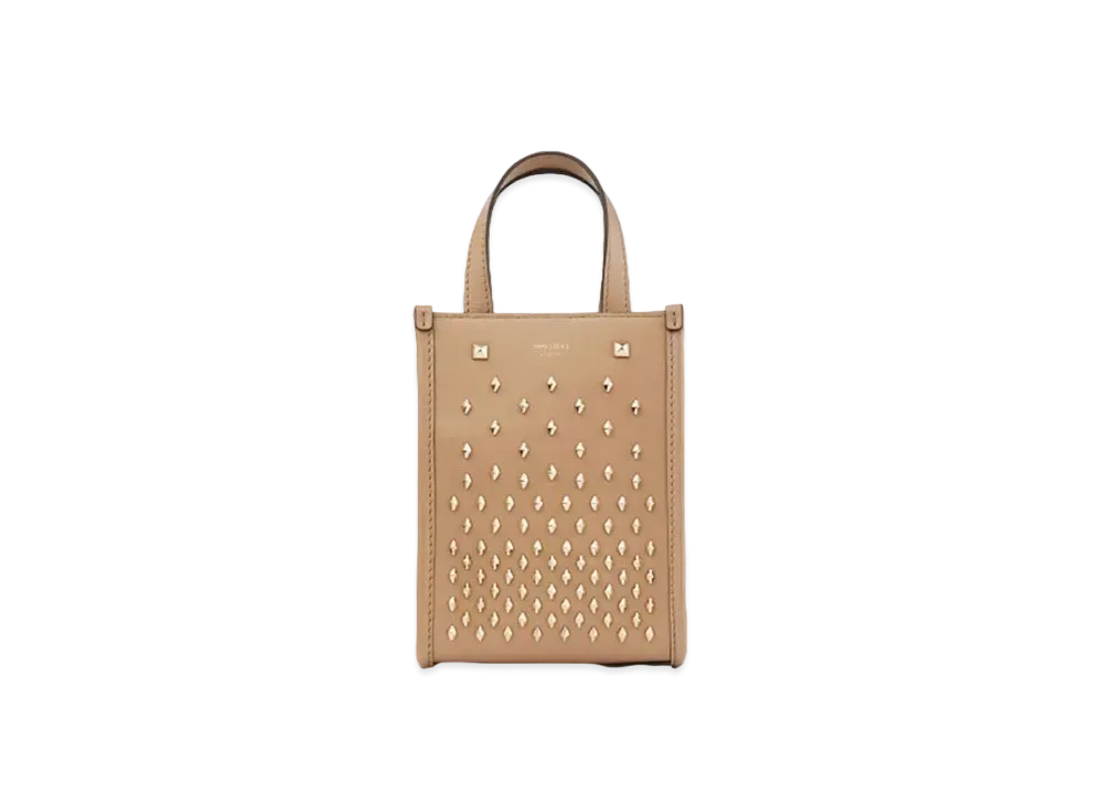Jimmy Choo Mini N/S Tote Smooth Calf Leather Tote Bag With Diamond Studs "Biscuit/Light Gold"