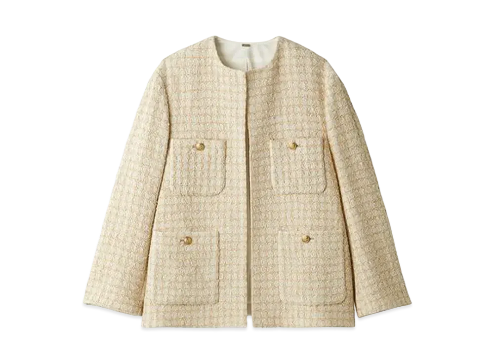 Mila Owen Gold Button Patch Pocket Loose Tweed Jacket "Ivory"