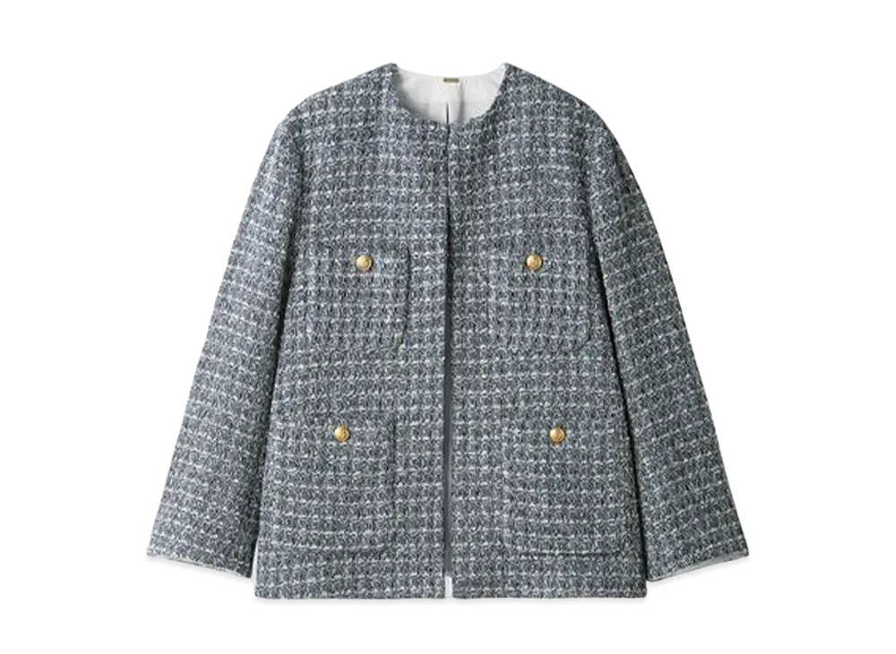 Mila Owen Gold Button Patch Pocket Loose Tweed Jacket "Blue"