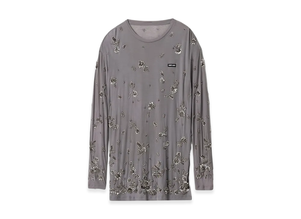 MIU MIU Women's Embroidered Garment Dyed Ribbed Knit Jersey Dress "Lead Gray"