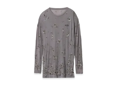 MIU MIU Women's Embroidered Garment Dyed Ribbed Knit Jersey Dress "Lead Gray"
