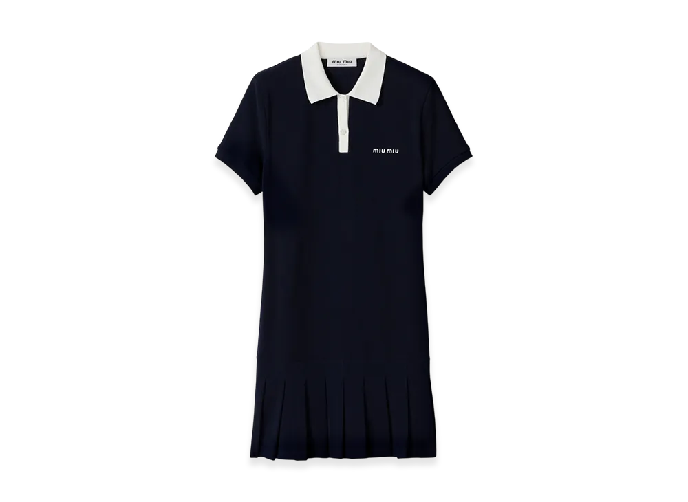 MIU MIU Women's Pleated Cotton Pique Mini Dress "Blue"
