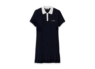 MIU MIU Women's Pleated Cotton Pique Mini Dress "Blue"