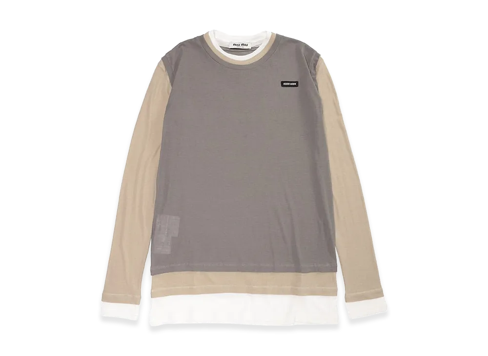 MIU MIU Women's 3-Layered Cotton Gauze Crewneck Long Sleeve T-Shirt "Gray"