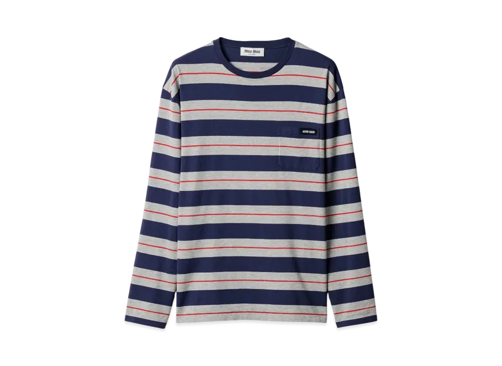 MIUMIU Women's Long-Sleeved Cotton Jersey T-Shirt "Grey/Navy"